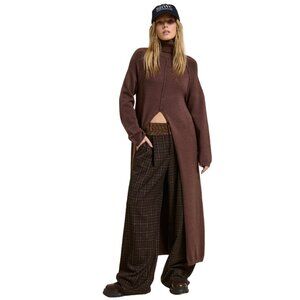 Long Cowl Neck Knit Sweater Dress - Brown